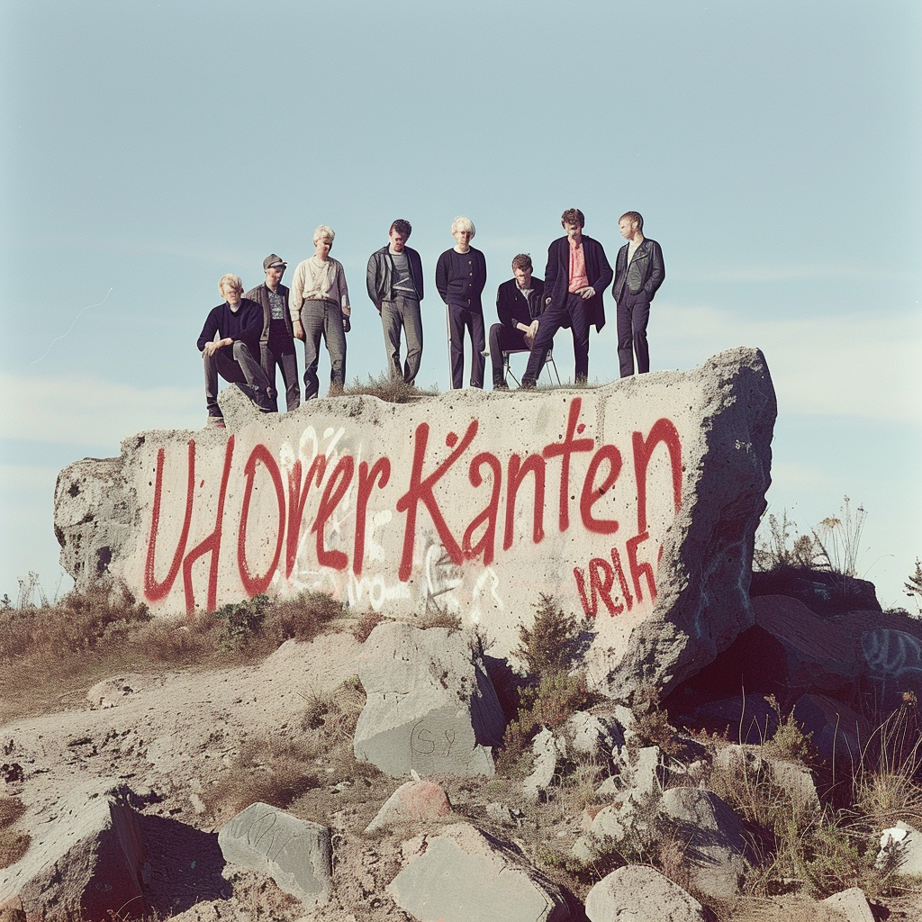 Band of young people on large rock sign