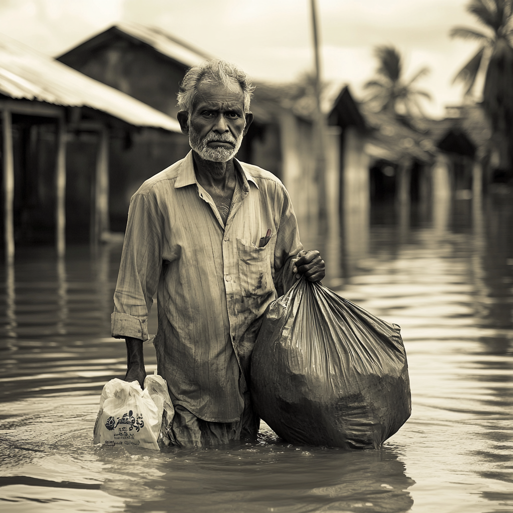 Older man with groceries in flood