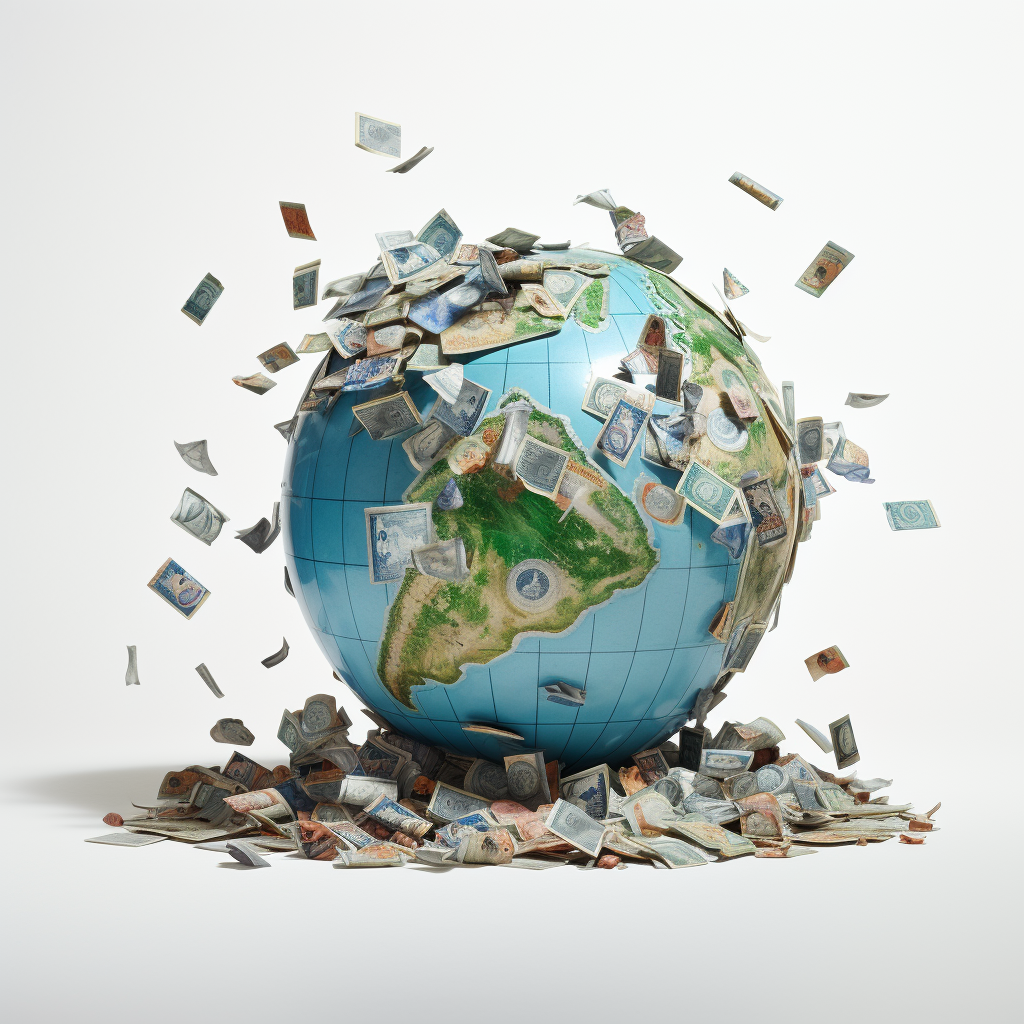 Floating globe with banknotes on white background