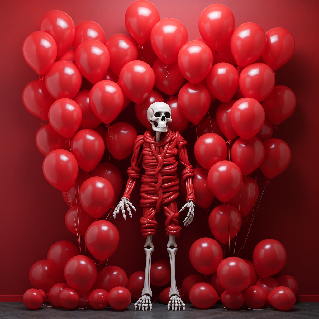 Intricately detailed skeleton with red balloons