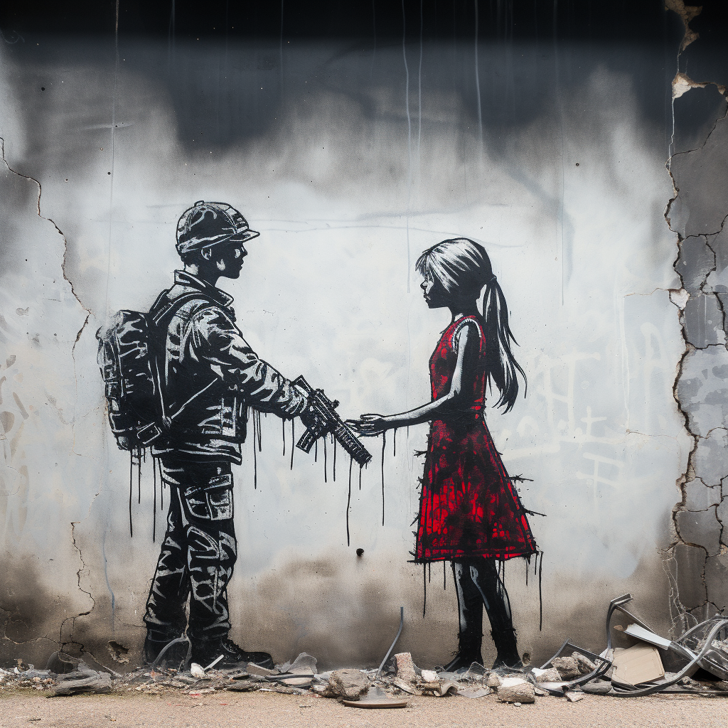 Banksy-style art depicting conflict