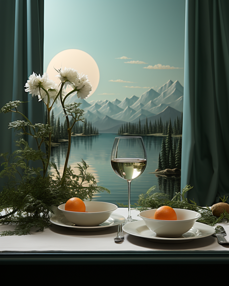 Artistic banquet scene reminiscent of Magritte's style