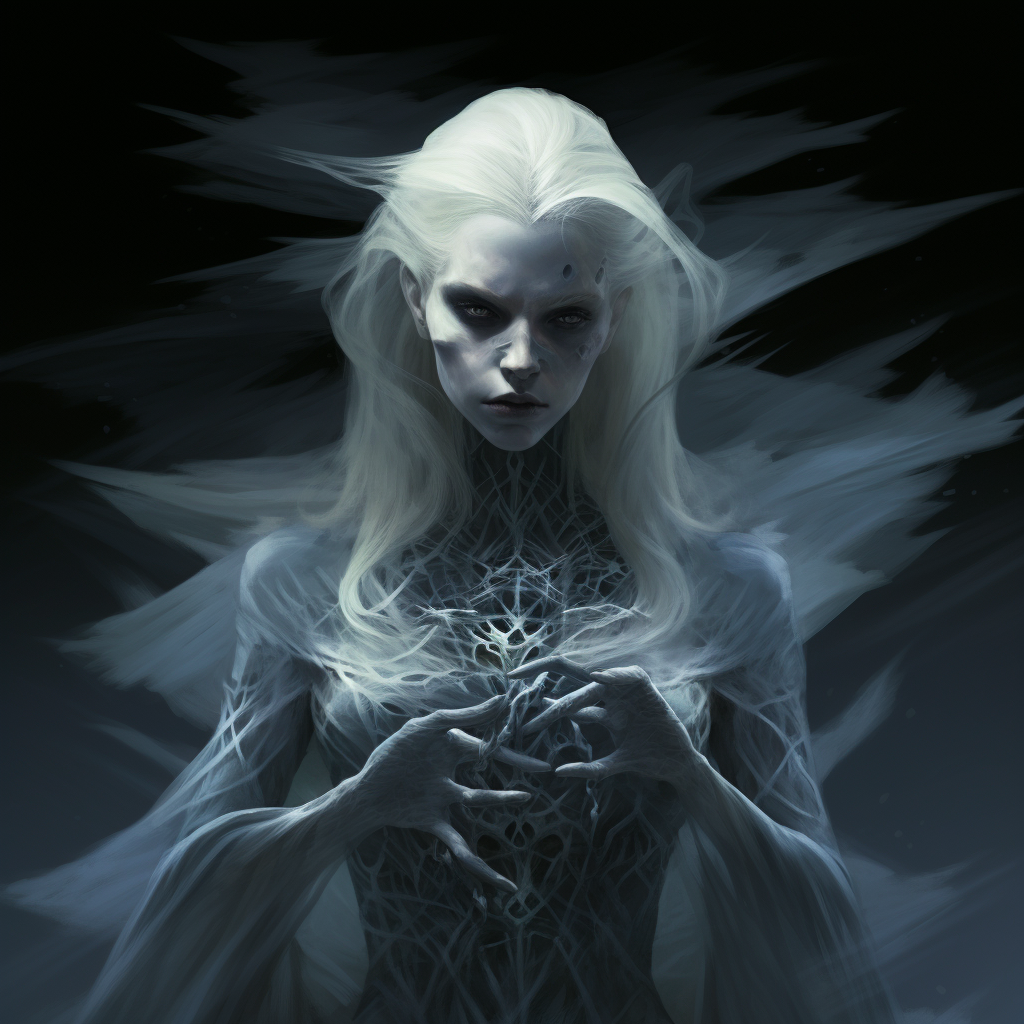 Ethereal banshee with translucent eyes and mother-of-pearl nails