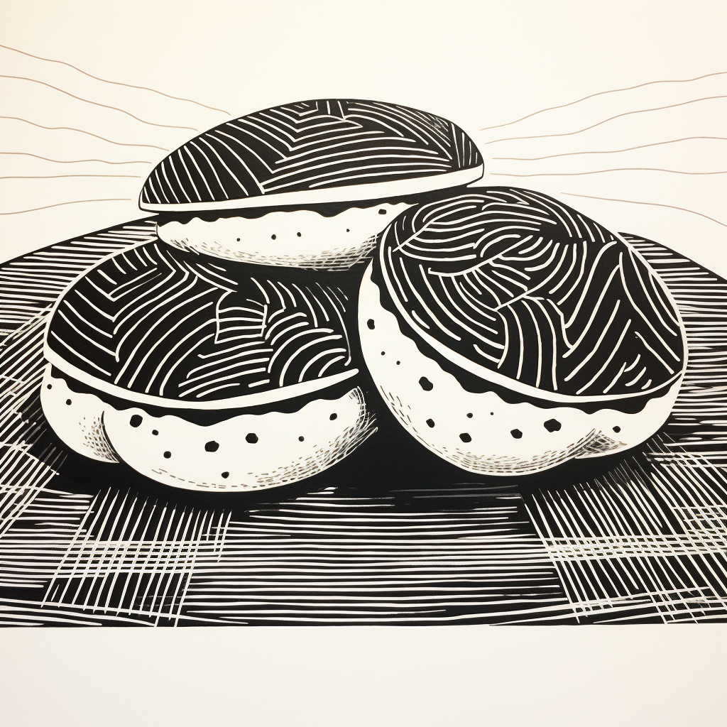 Bao Buns Japanese Woodblock Print Linocut Lines