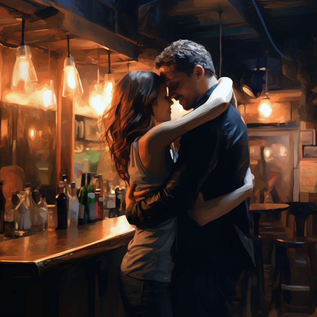 Couple embracing affectionately in a bar