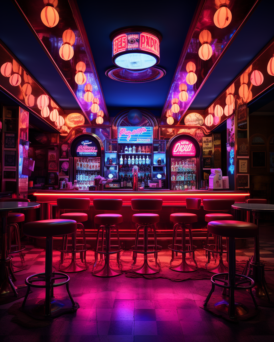 Moody bar ambiance with neon signs