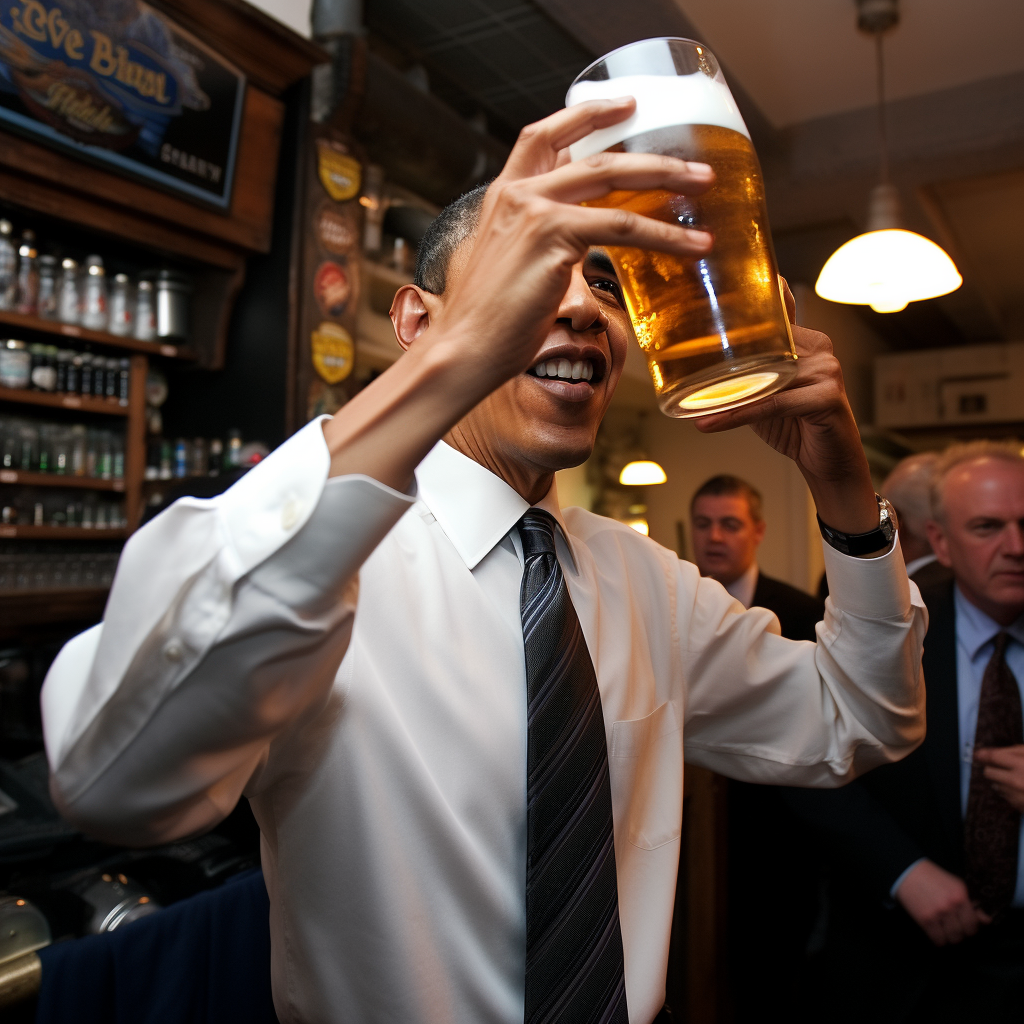 Barack Obama enjoying a huge beer