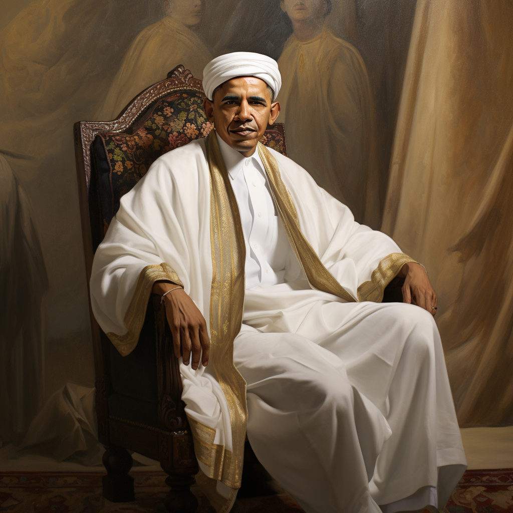 Barack Obama sitting in broken chair wearing traditional Middle Eastern garb