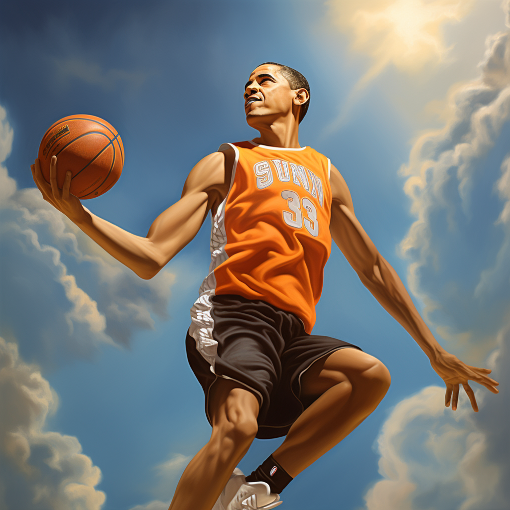 Barack Obama dunking in Scotty Pippin Jersey