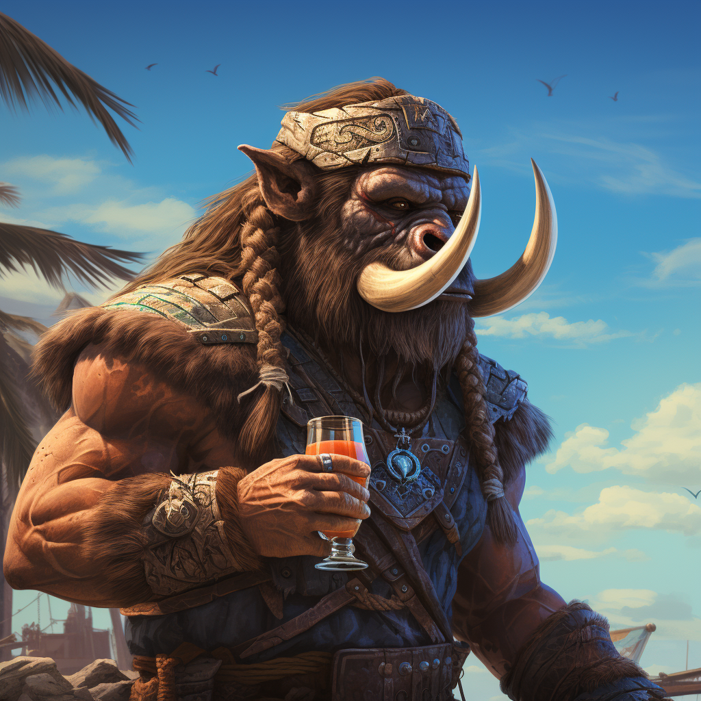 Barbarian wearing Buffalo Bills beer helmet on beach