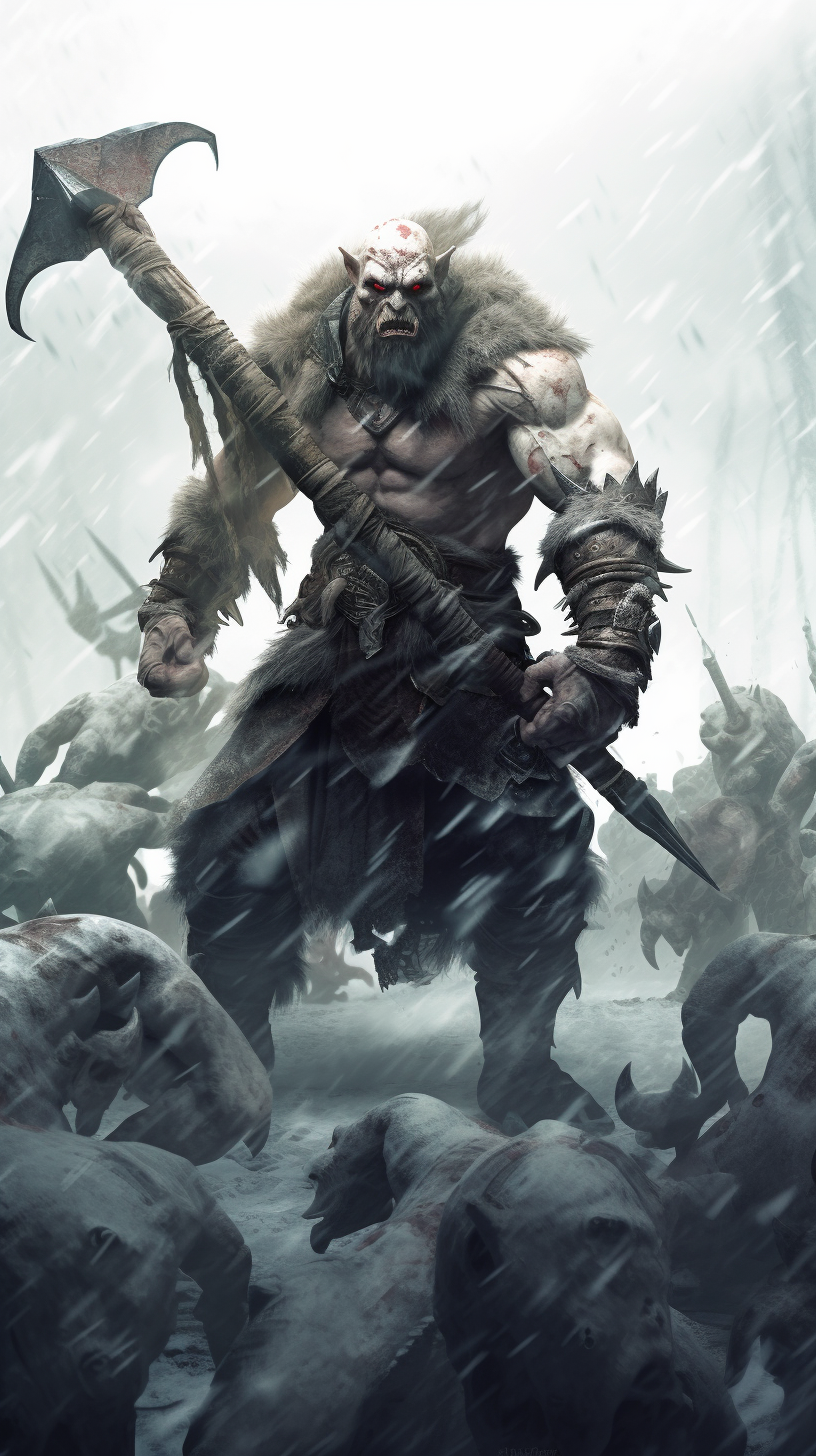 Epic battle between barbarian and orcs