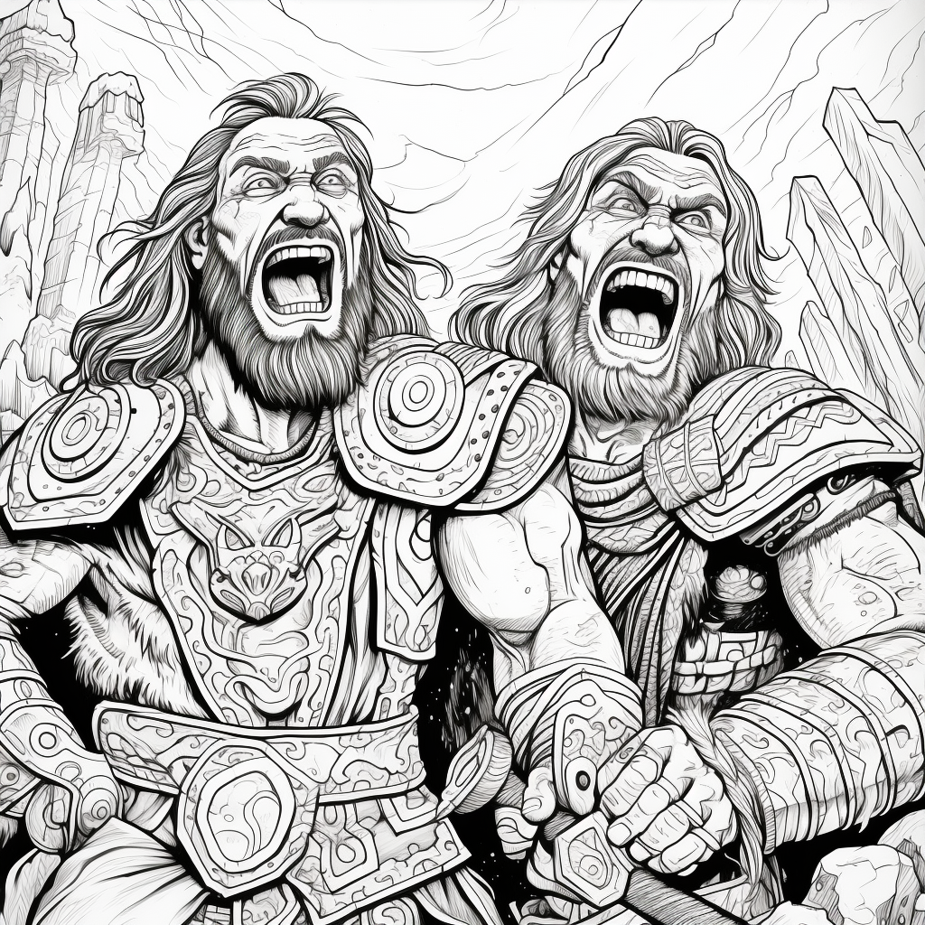 Black and white line art of laughing barbarian twin brothers