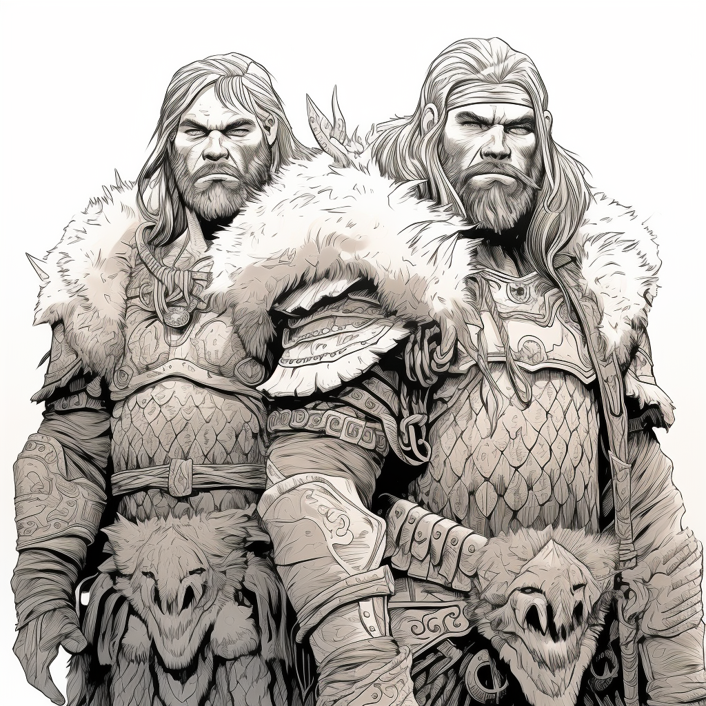 Line art of strong barbarian twin brothers