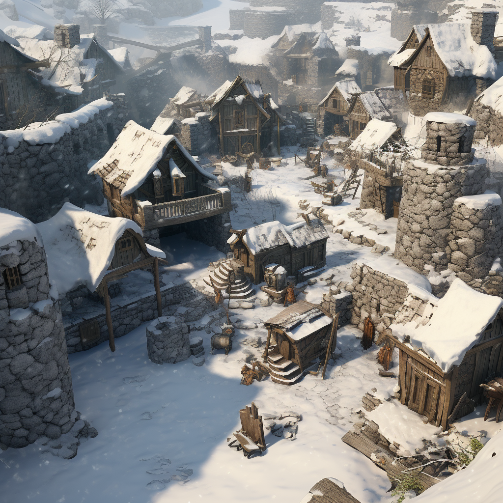 Stone houses in a snowy barbarian village