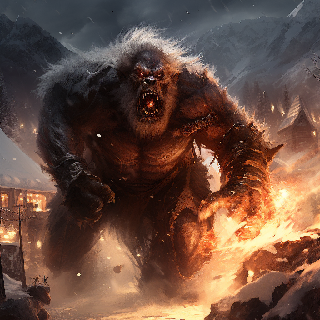 Barbarian warlord riding a yeti, attacking village