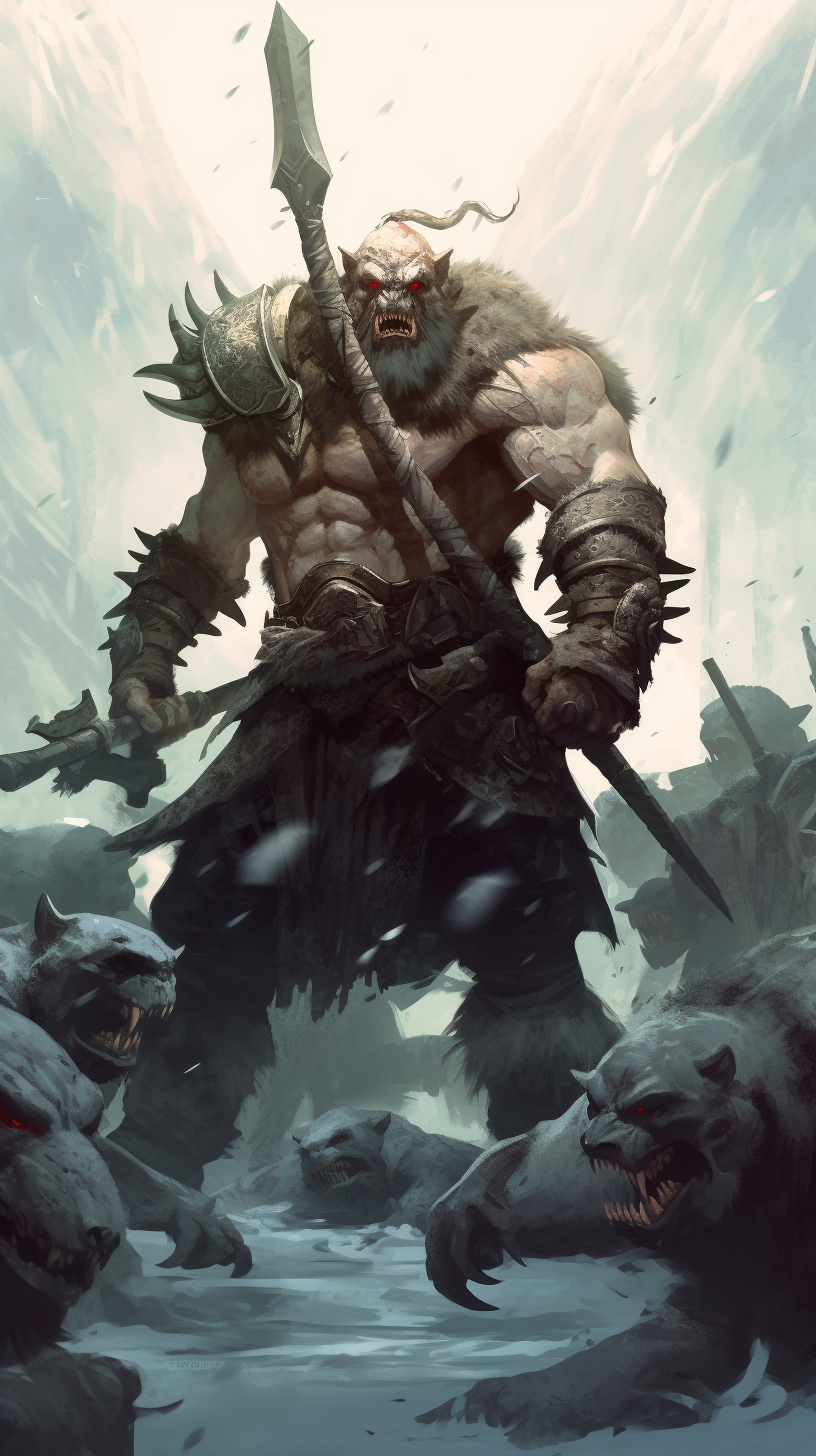 Brave Barbarian Wielding Sword, Fighting Orc Horde