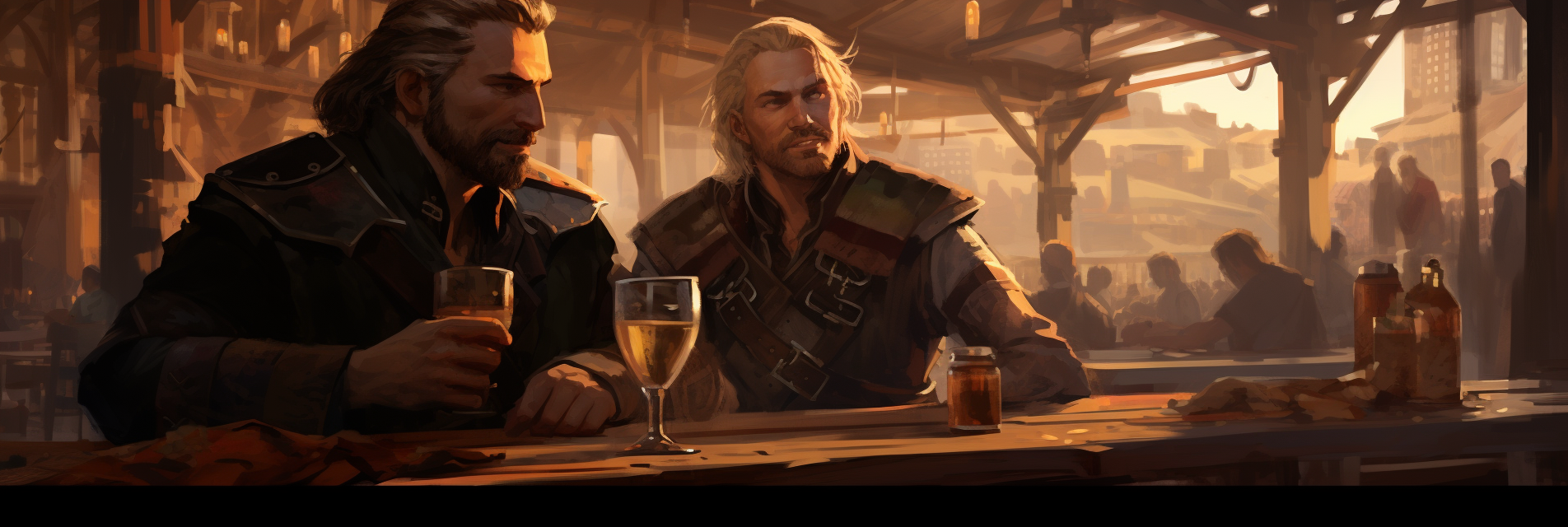 Two friends enjoying wine in a tavern