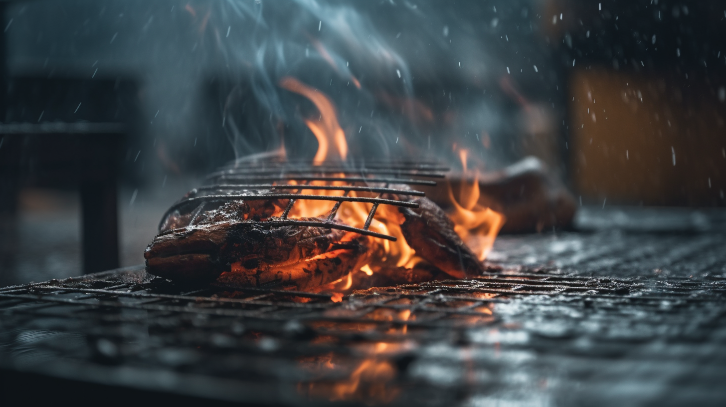 Closeup of barbecue fire in rain