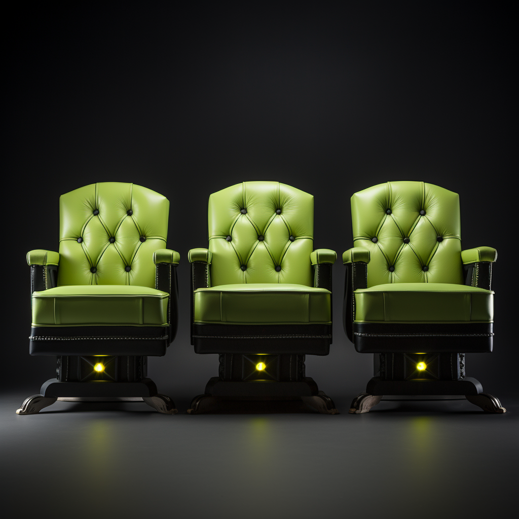 Three fashionable barbershop chairs with green accents