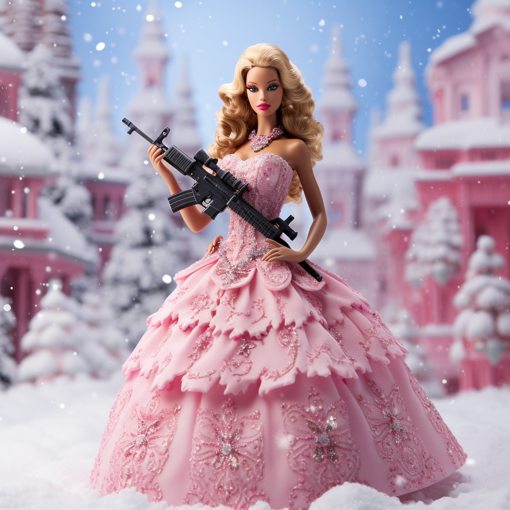 Barbie enjoying snowy Christmas by pink tree