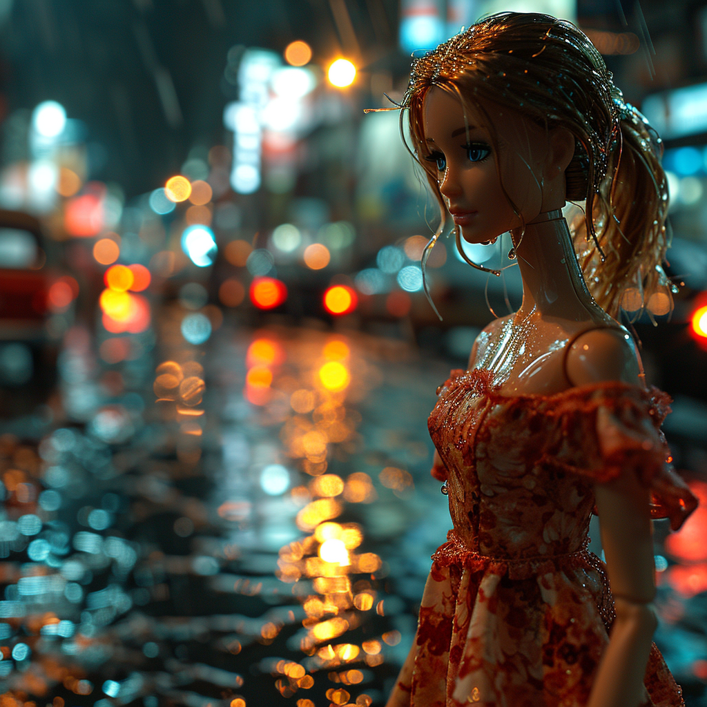 Pretty Barbie doll in dress in the rain