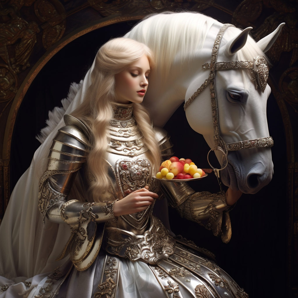 Barbie doll knight riding unicorn, enjoying apple