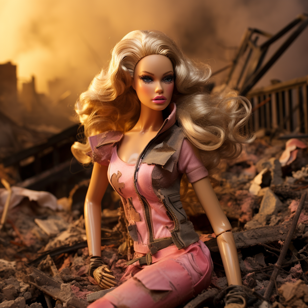 Barbie amidst ruins and smoke