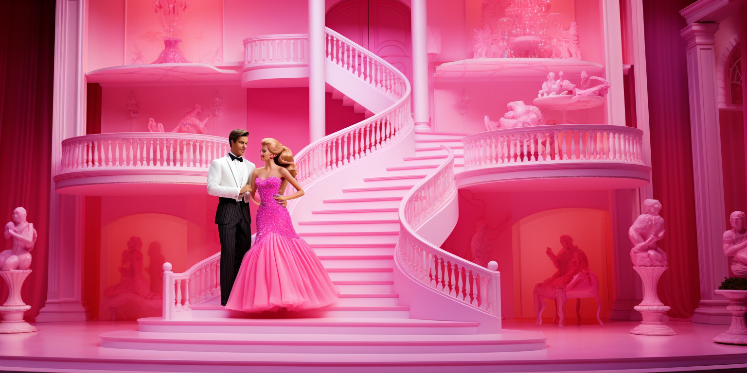 Barbie and Ken dancing in a pink house