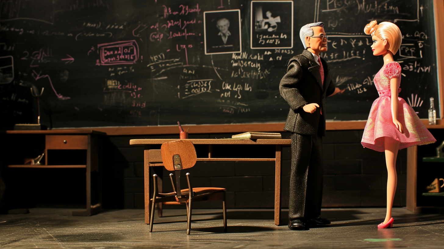 Barbie and Robert Oppenheimer at Chalkboard