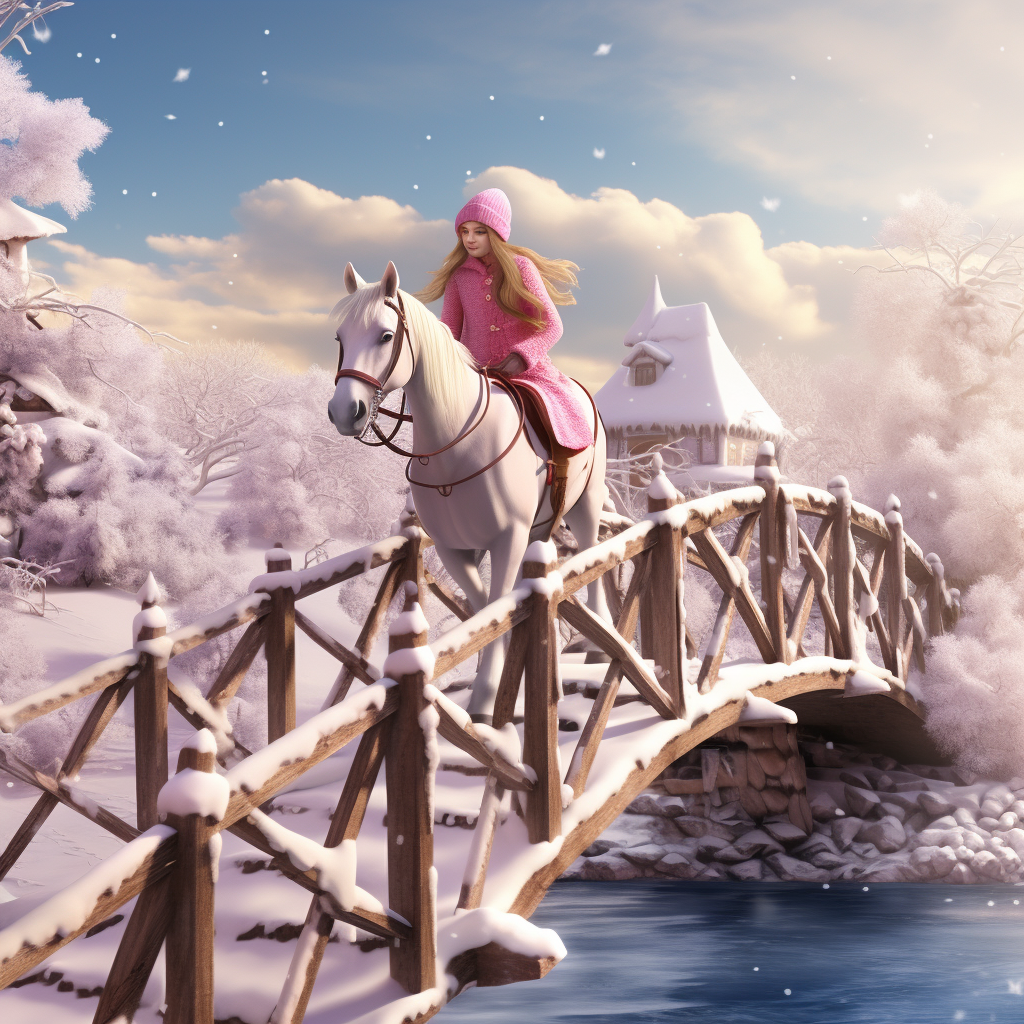 Barbie riding toy horse on snowy bridge