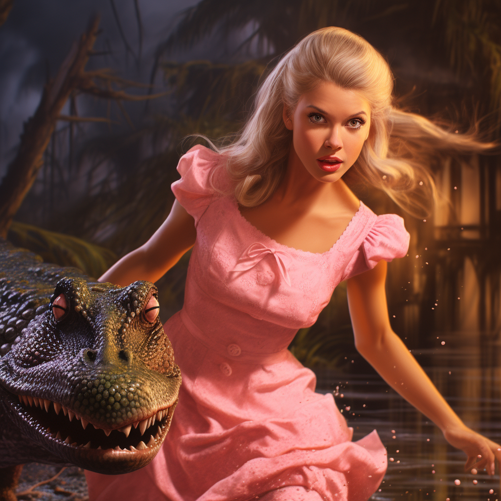 Barbie being chased by alligator in swamp