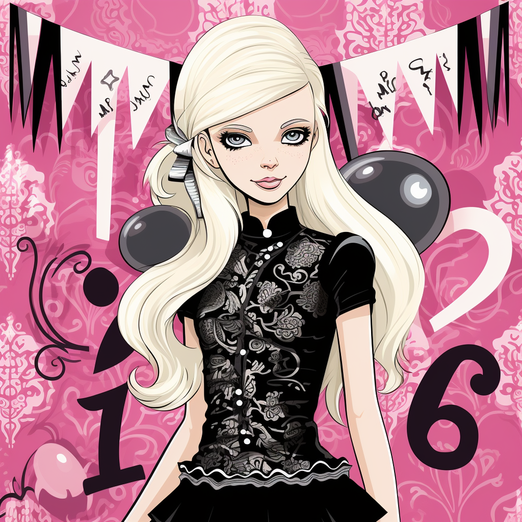 Illustration of Blonde Barbie in Addams Family Clothing