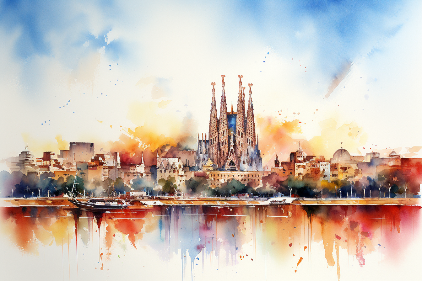 Watercolor Skyline Barcelona Fabio Cembranelli