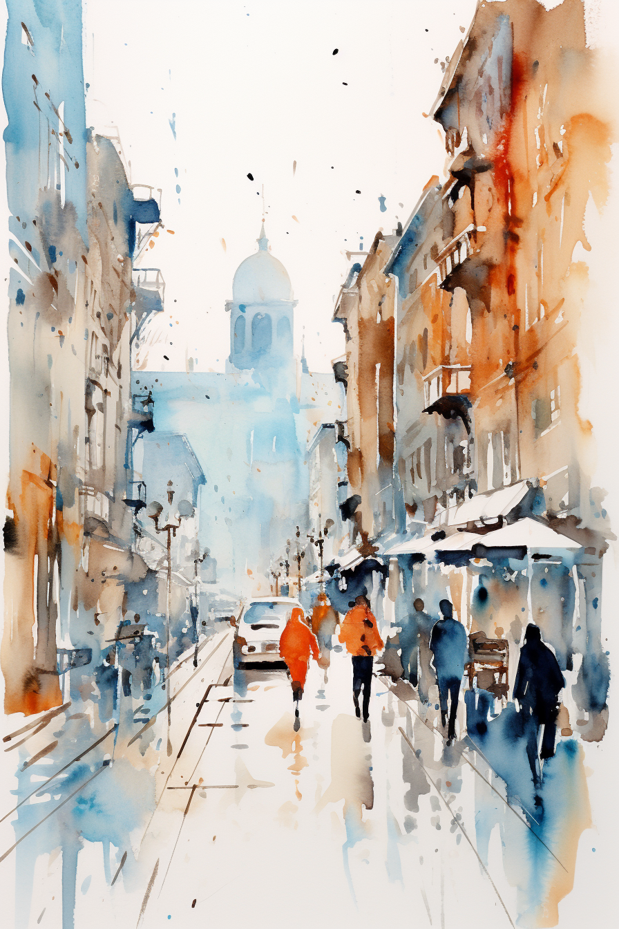 Minimalist watercolor sketch of a bustling Barcelona street