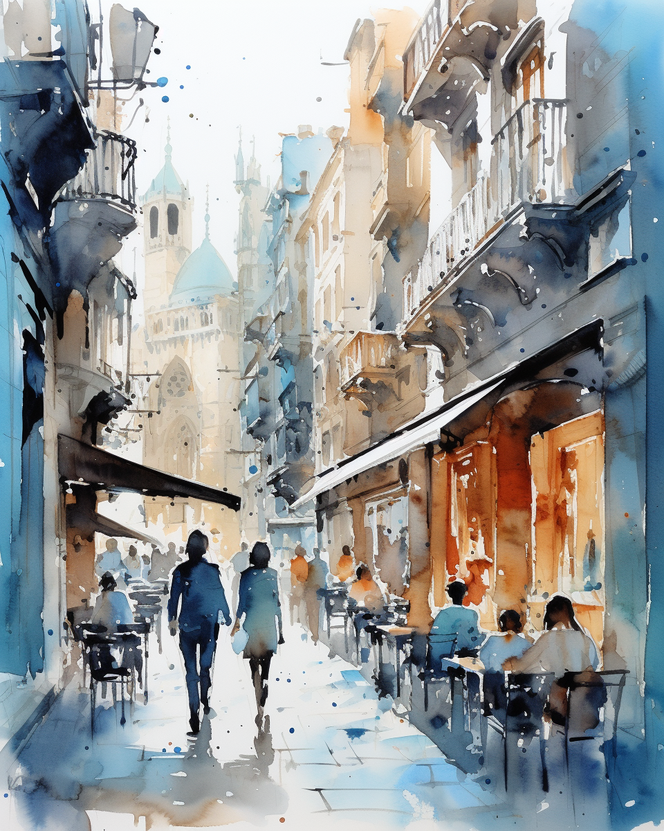 Minimalist watercolor sketch of a busy Barcelona street