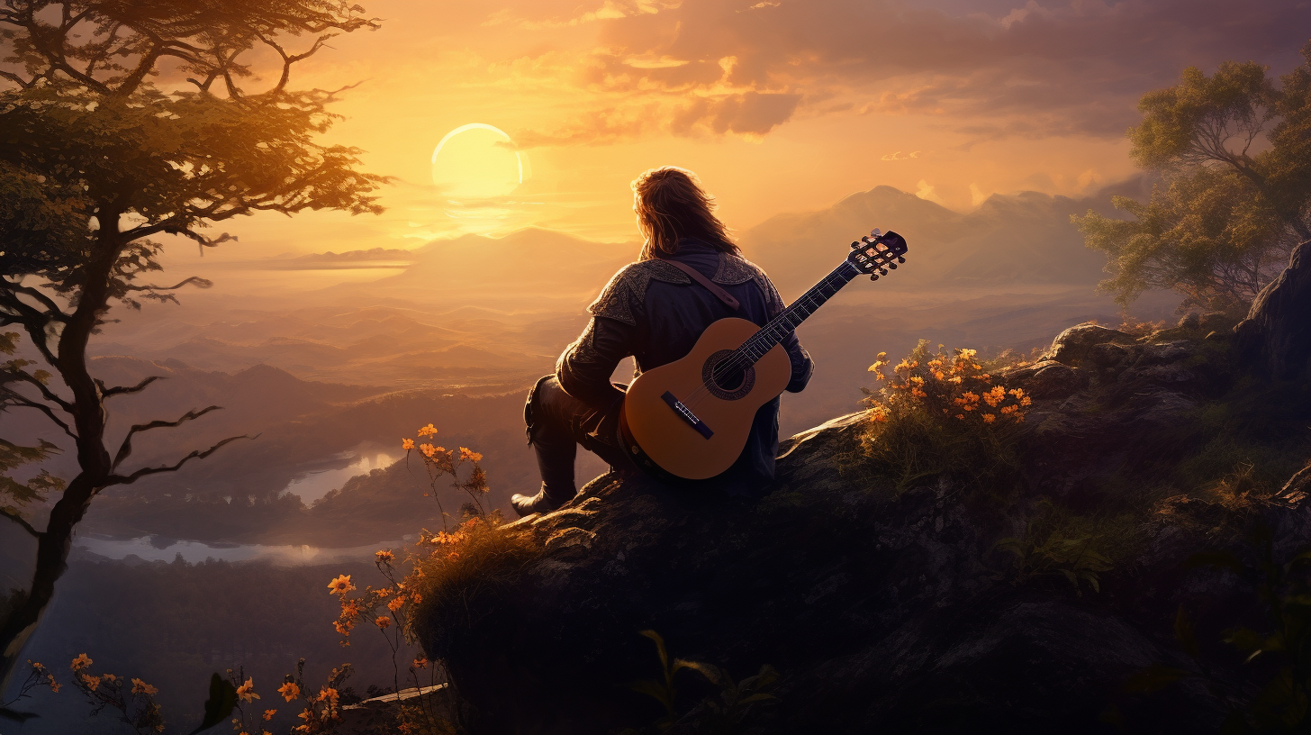 Bard with ponytail in forest sunset holding guitar