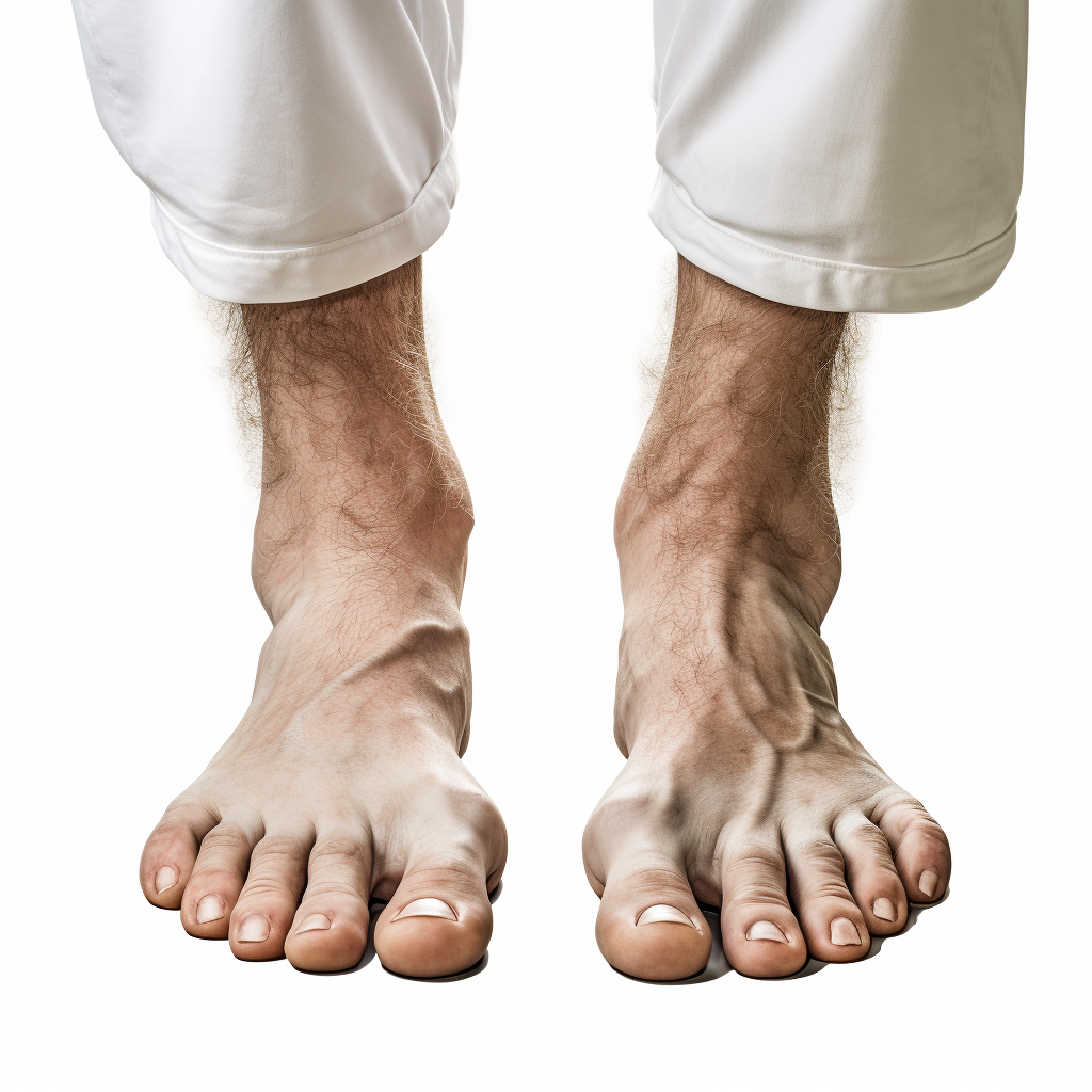 Barefoot man's feet on white background