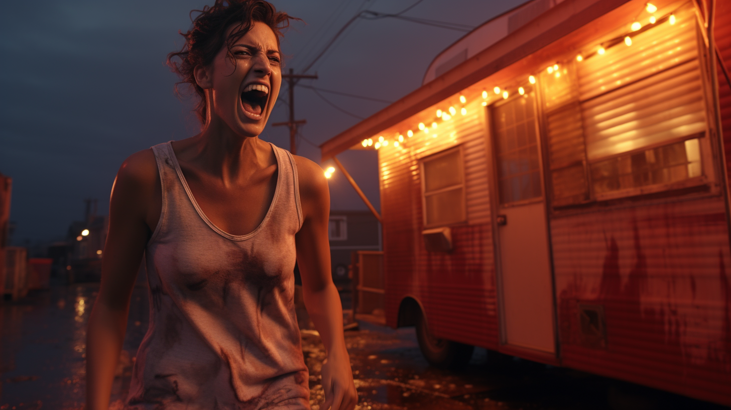 Haunted barefoot woman laughing in trailer park