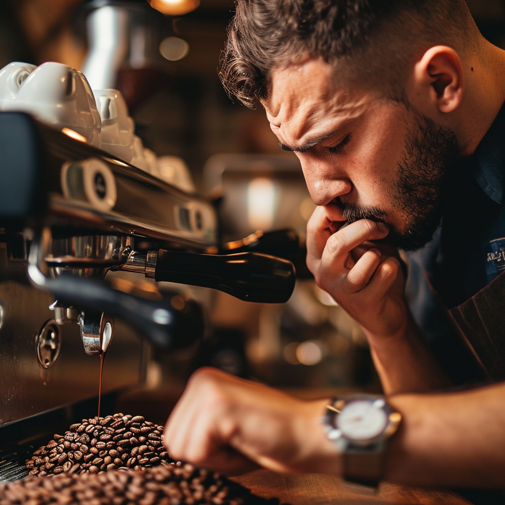 Barista smelling freshly blended coffee beans