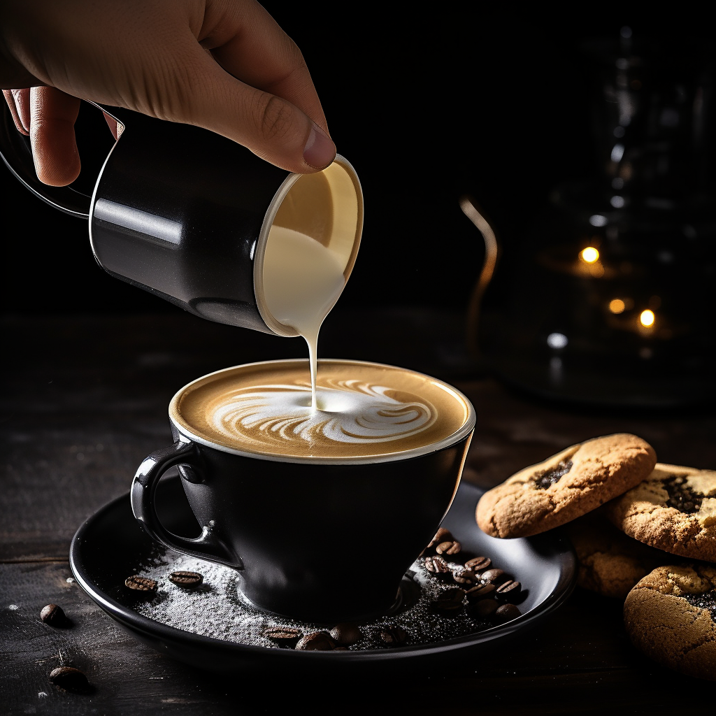 Barista pouring milk into black coffee