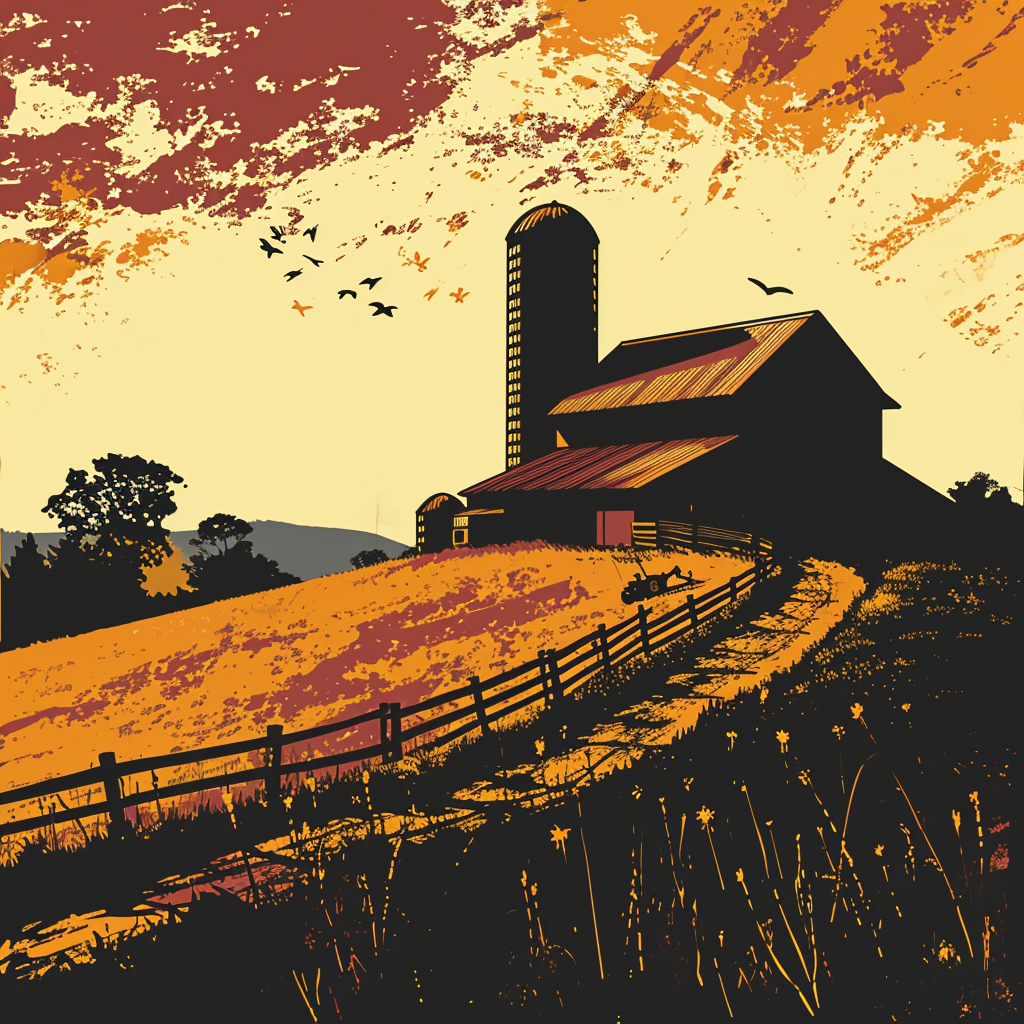 Colorful barn with silo and tractor