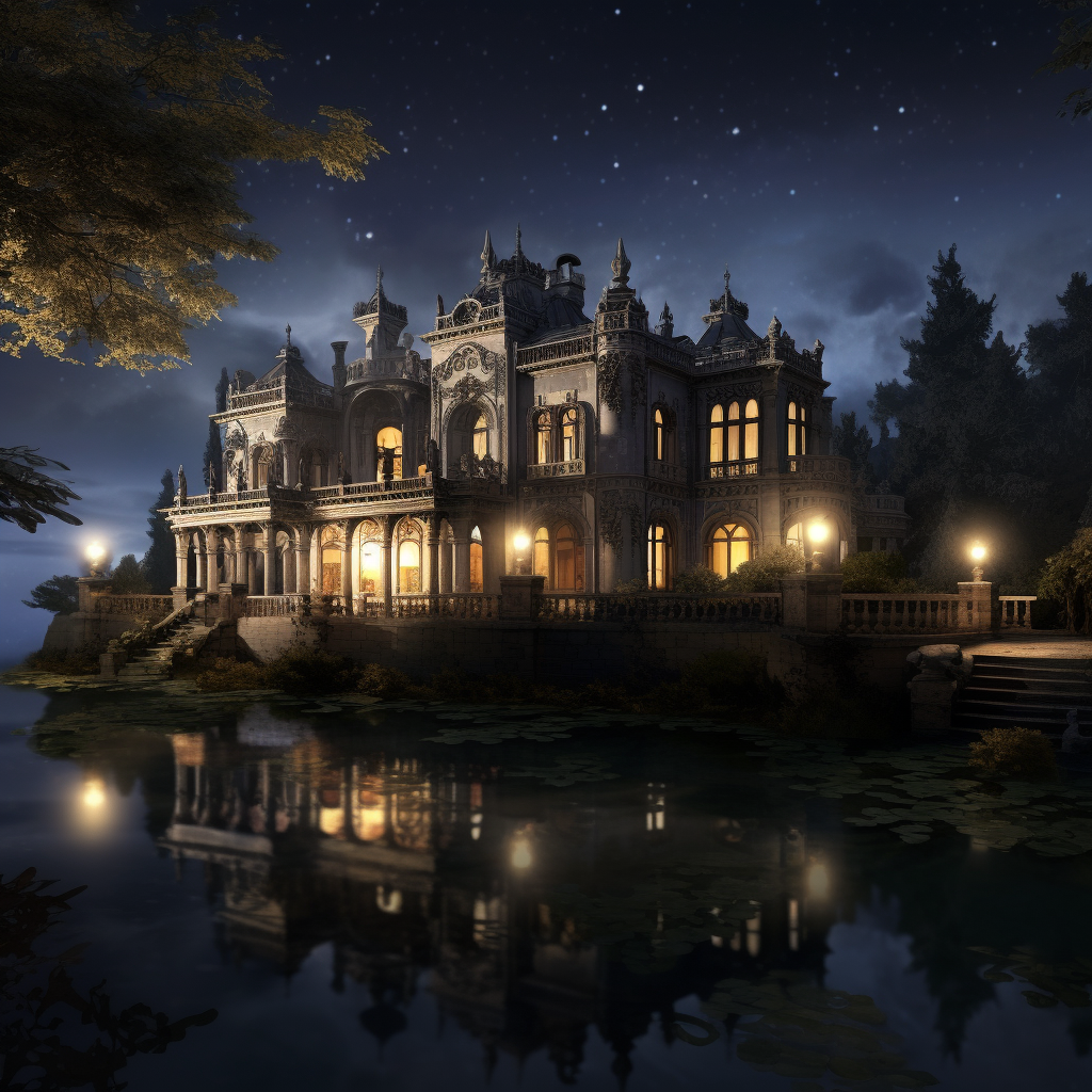 Gorgeous night view of Barocco Mansion by the lake