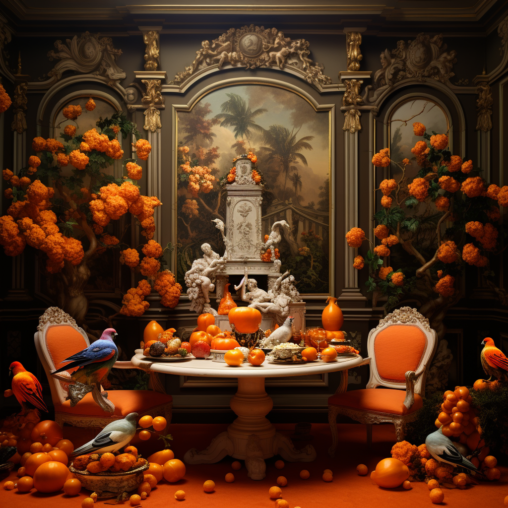 Baroque Grandeur with Orange Chicks, Chandler, Chairs, Table, Flowers, and Foods