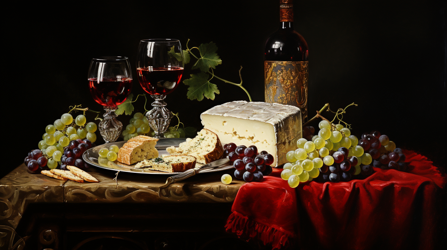 Baroque still life with red wine, crystal glasses, cheese, and grapes