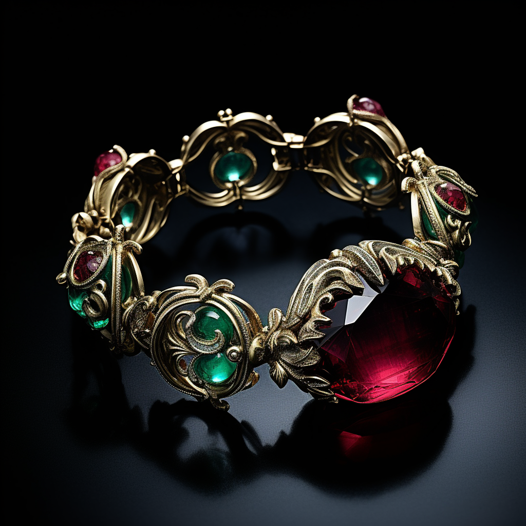 Stunning baroque bracelet with emerald and ruby gemstones