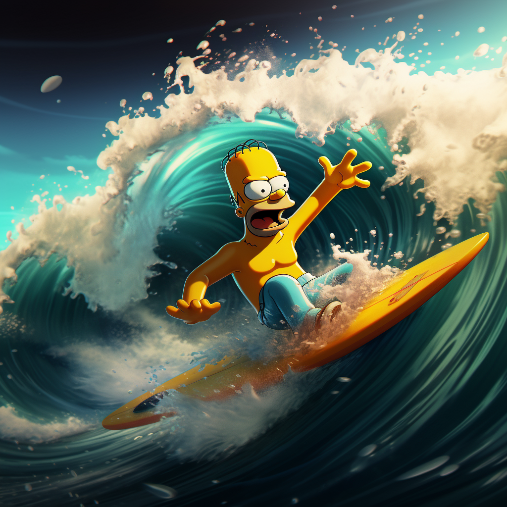 Cartoon Bart Simpson surfing a big wave