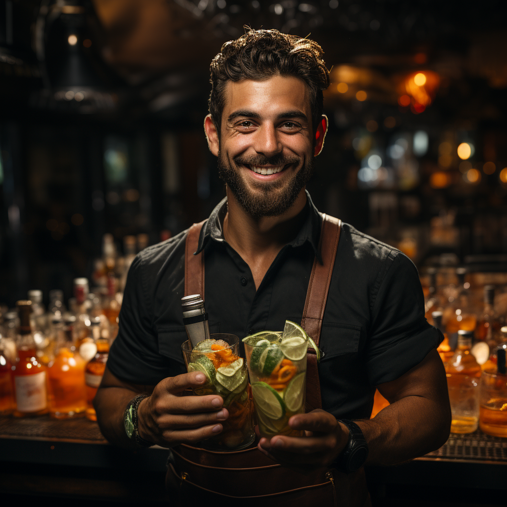 Male bartender holding cocktail and money