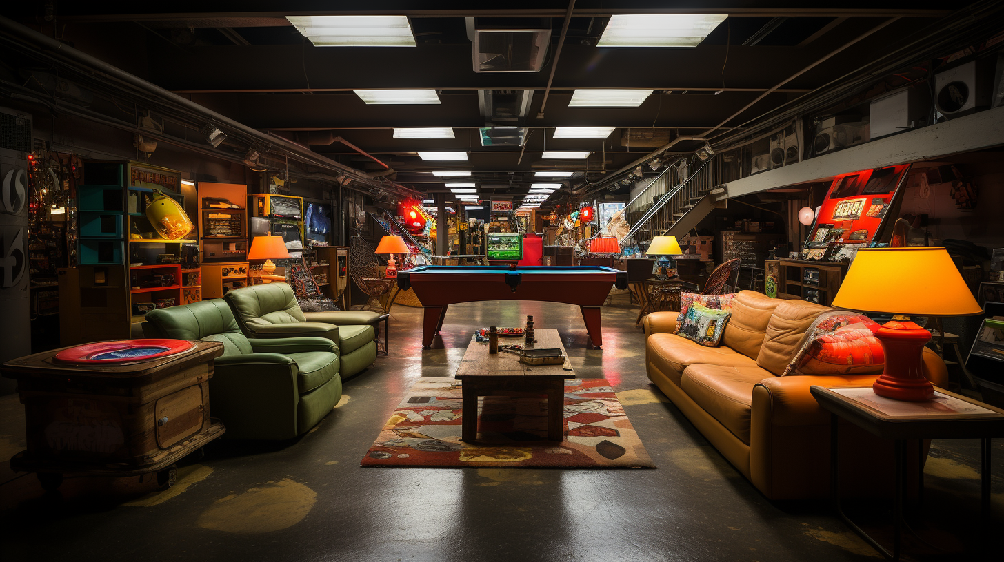 Midcentury Modern Basement Arcade with Retro Games