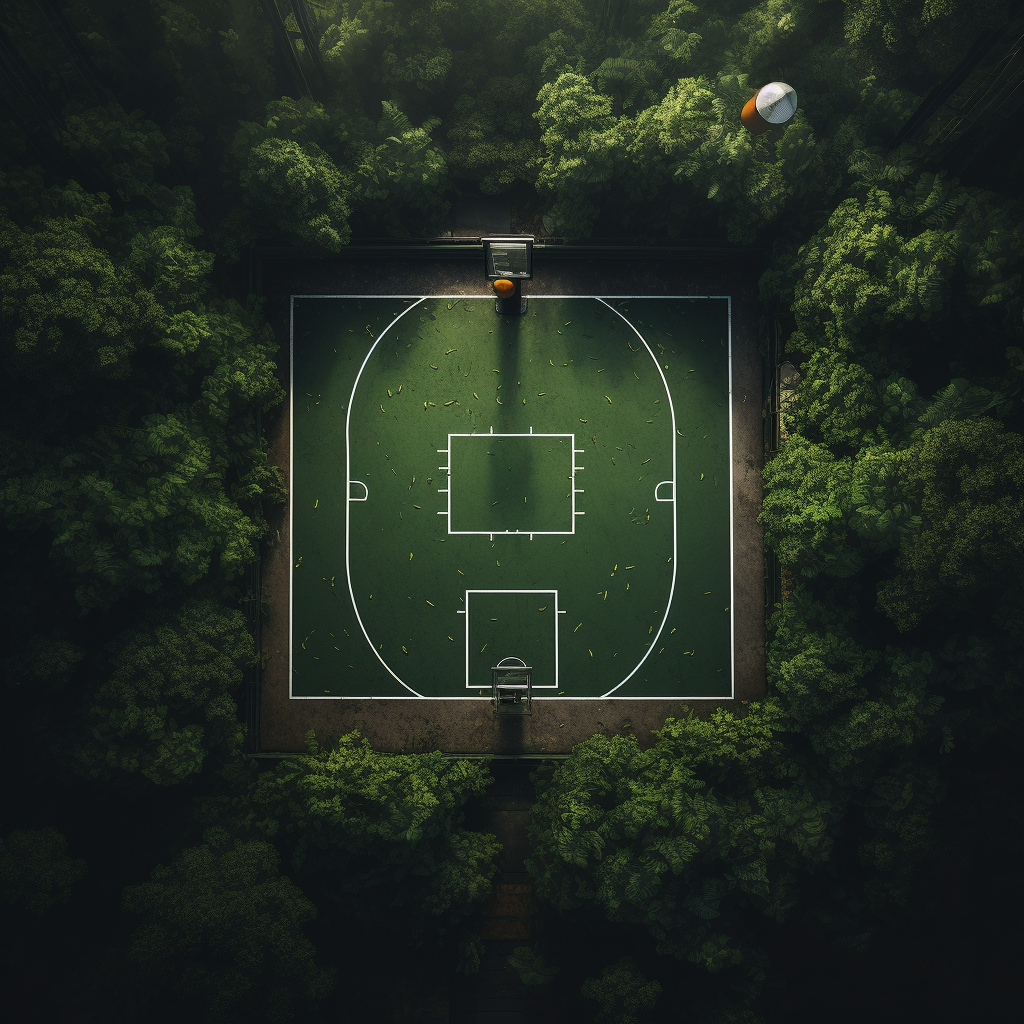 Basketball Court with Moss and Trees