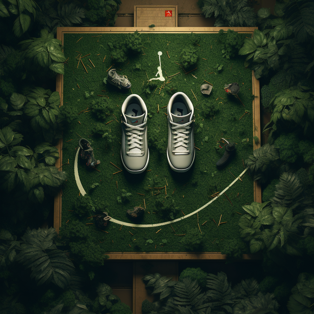 Mossy basketball court with Travis Scott x Jordan sneakers